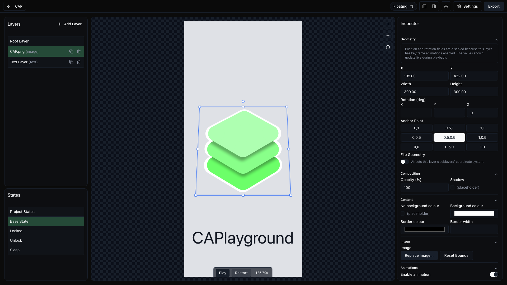 CAPlayground app preview (dark)